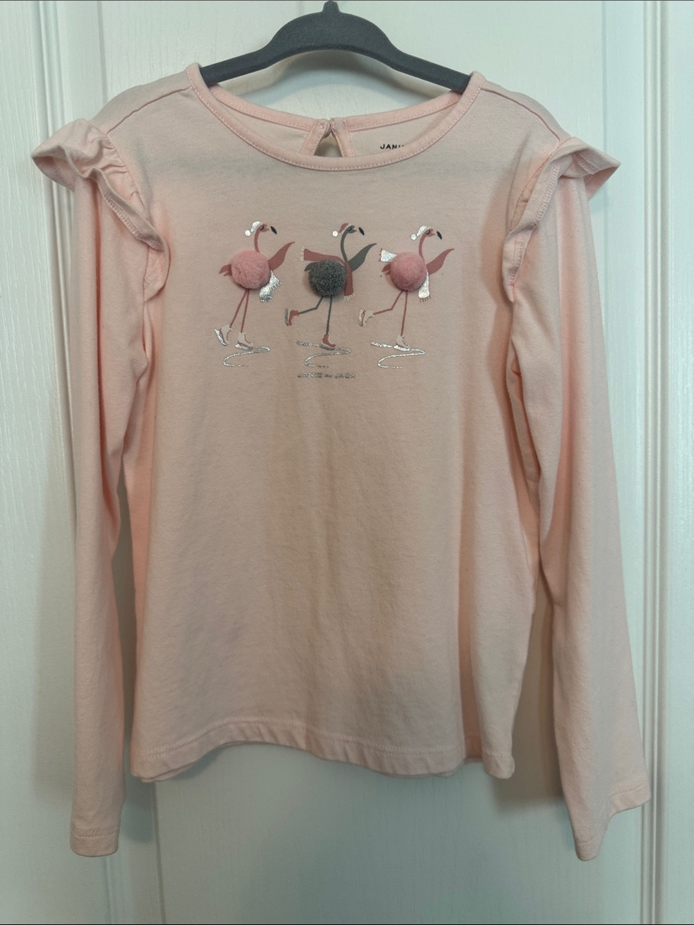 Janie and Jack Girls Size 6 Light Pink Flamingo Pom-Pom Long Sleeve Top
